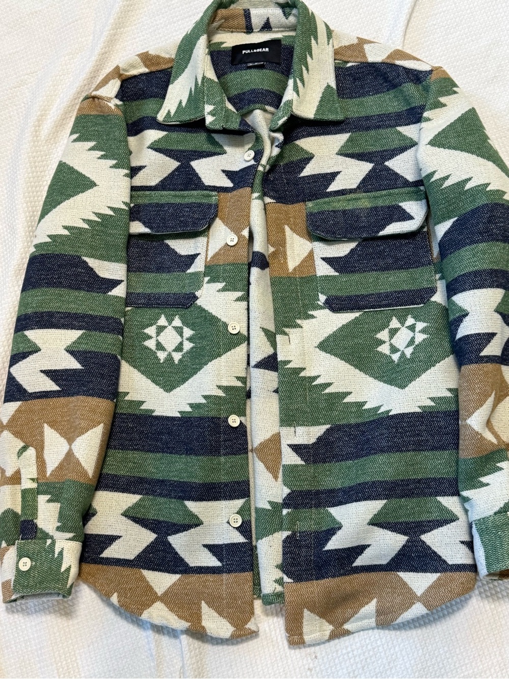 Pull&Bear Green Navy Aztec Button-Up Shacket